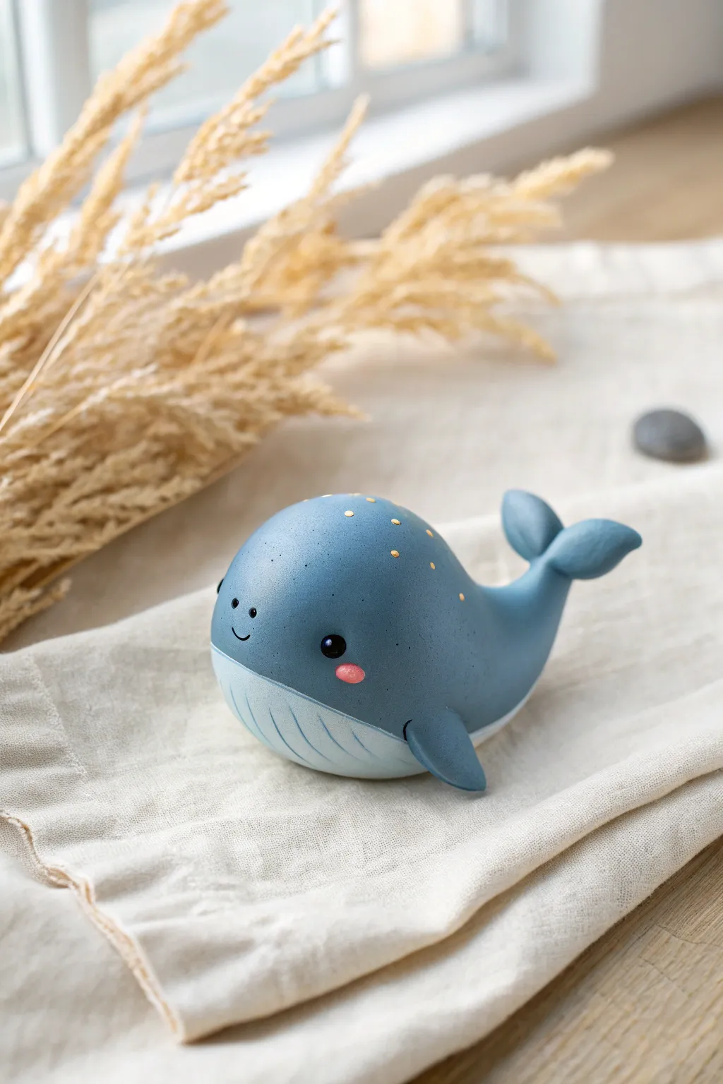 Sweet polymer clay whale with blush cheeks in Scandinavian minimal styling, bold blue contrast.