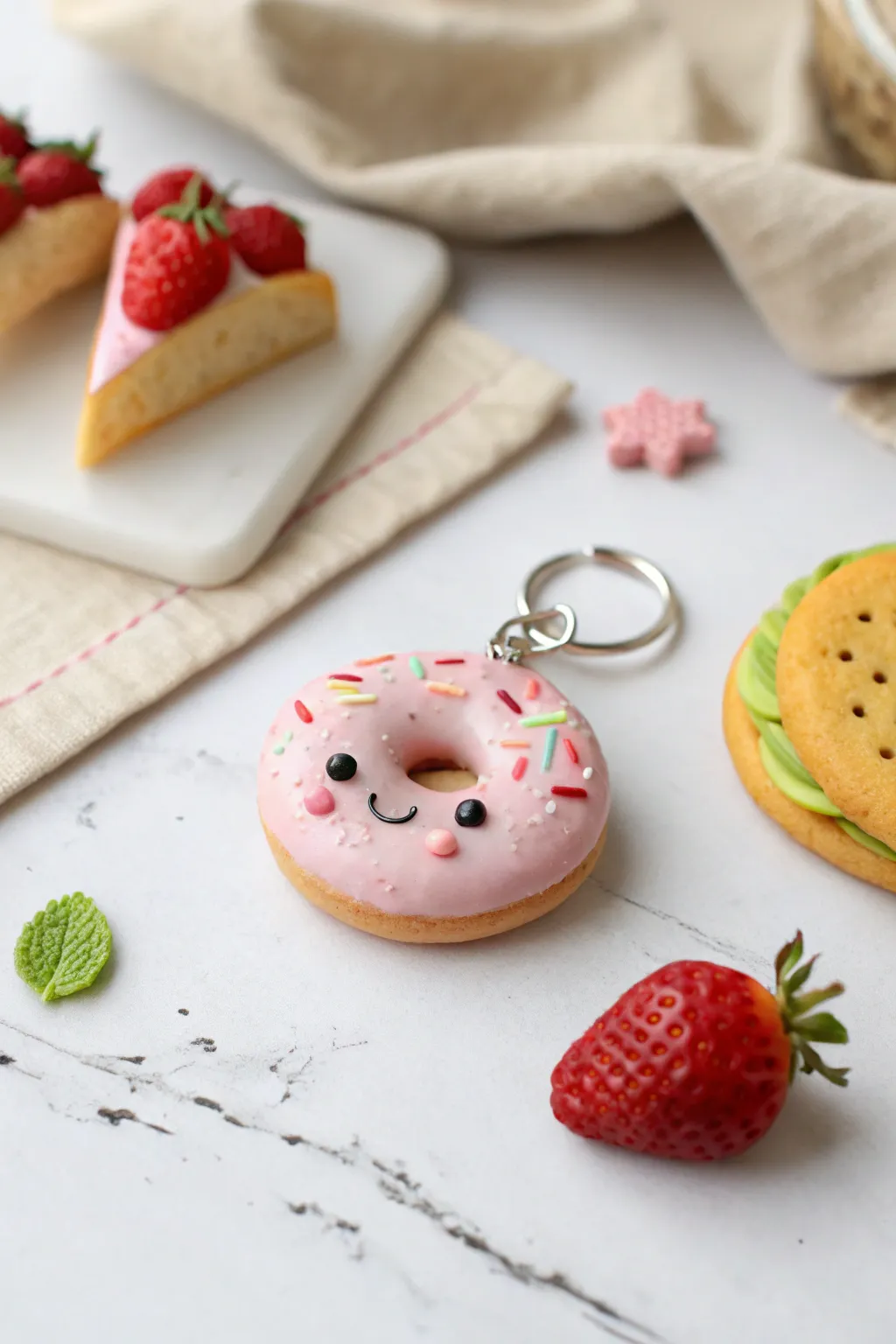Sweet polymer clay mini donut with a tiny face, clean flat lay in bold cheerful colors