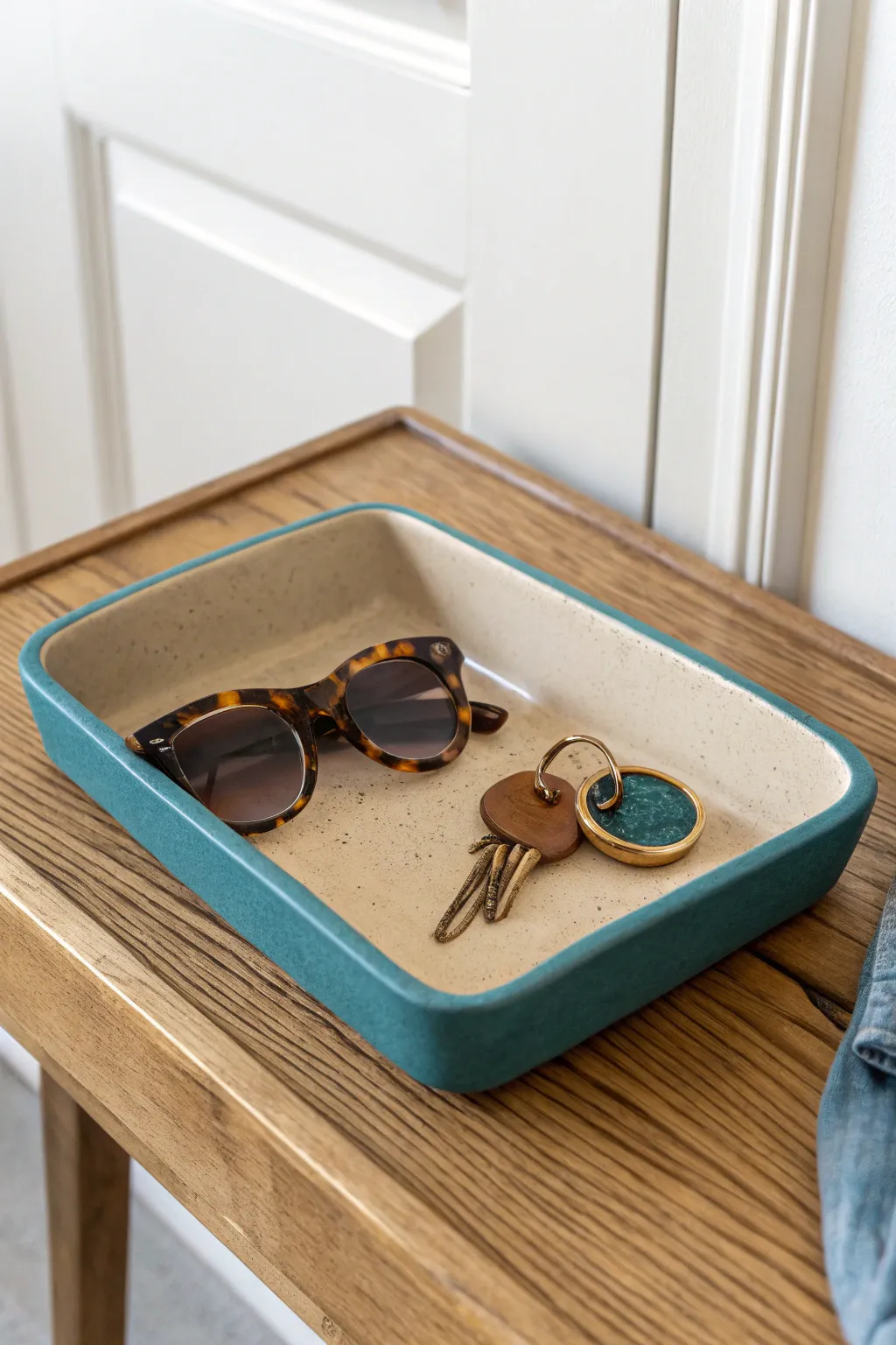 Modern matte polymer clay catchall tray for keys and sunglasses, minimal yet bold color pop