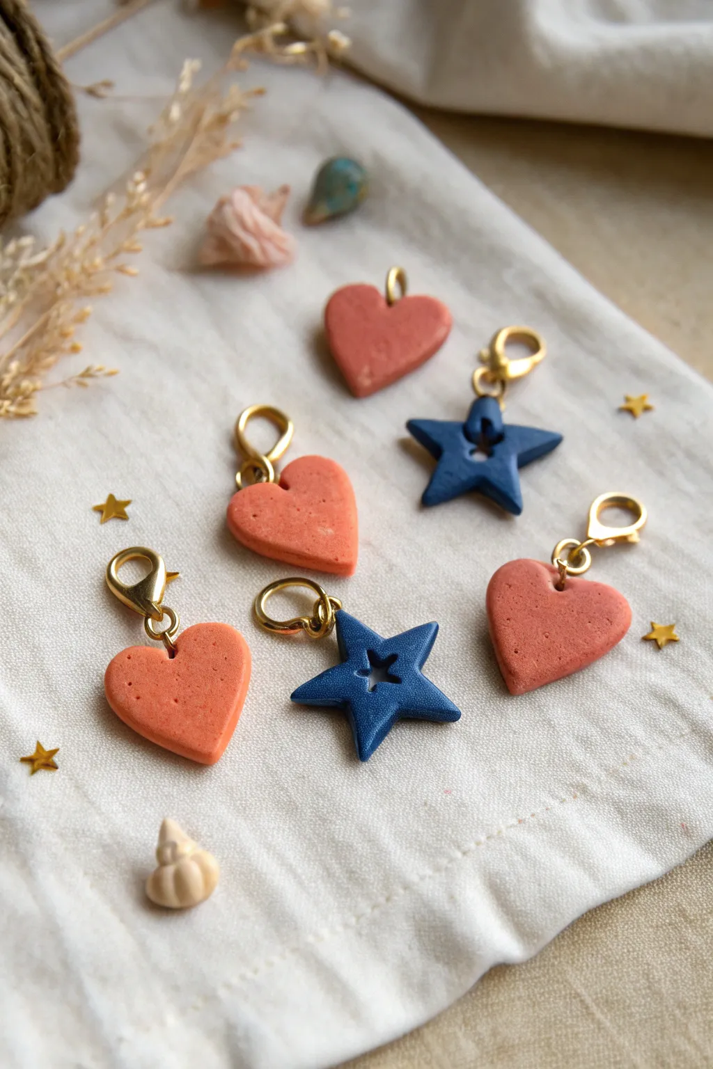 Tiny heart and star polymer clay charms in coral and cobalt, a satisfying beginner-friendly set.