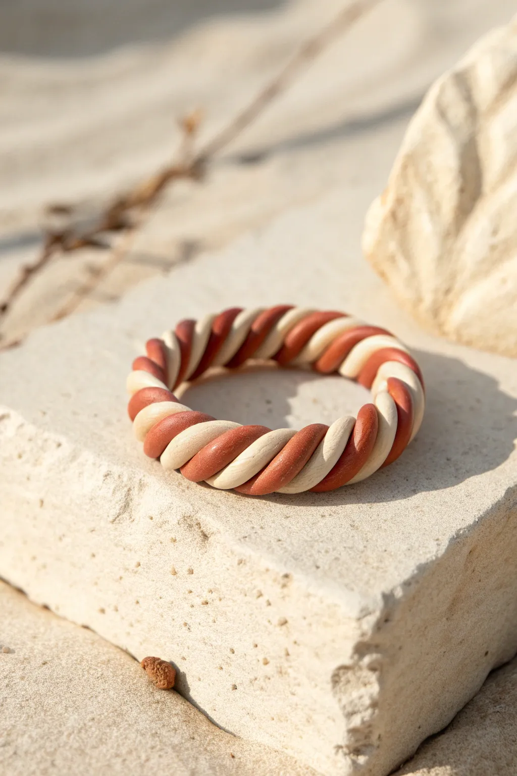 Swirled rope polymer clay ring in terracotta and ivory, minimalist, bold, and beginner friendly