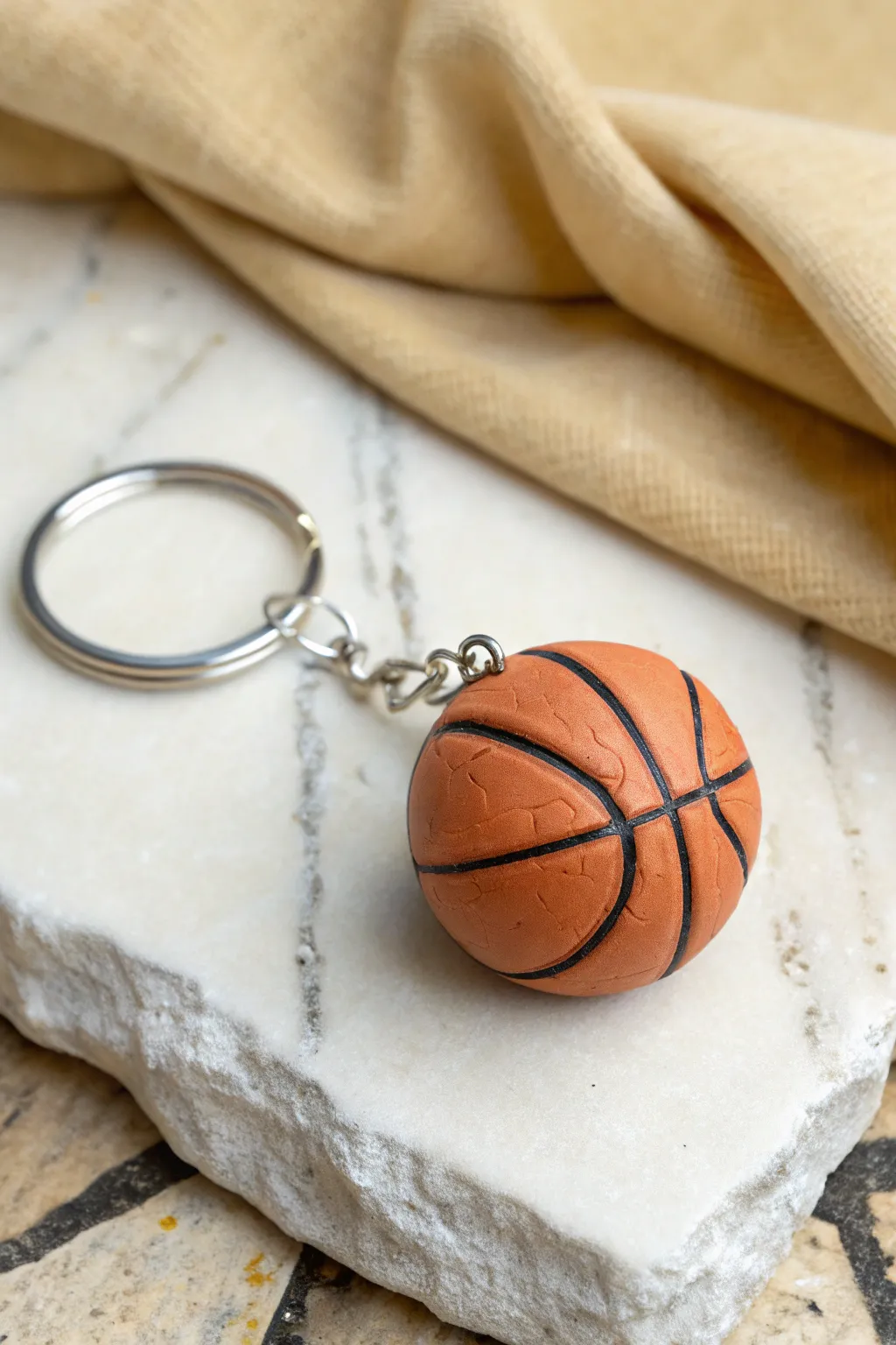 Bold polymer clay basketball keychain with clean lines, minimalist styling, and handmade charm