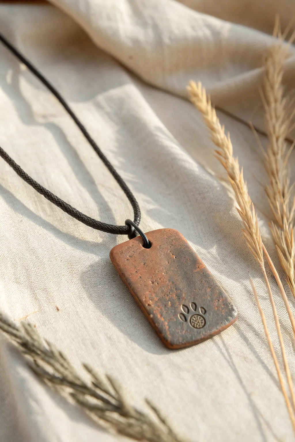 Minimalist polymer clay dog tag pendant with subtle stamped monogram texture and rugged edge