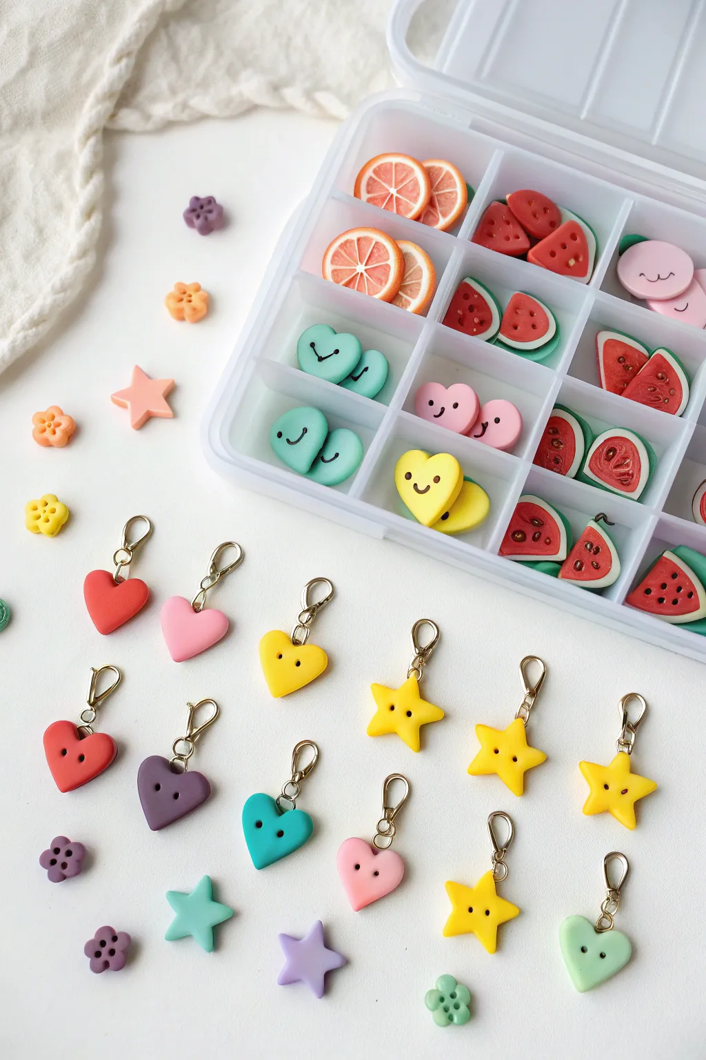 Bright mini polymer clay charm packs: stars, hearts, fruit, and tiny animals ready to sell