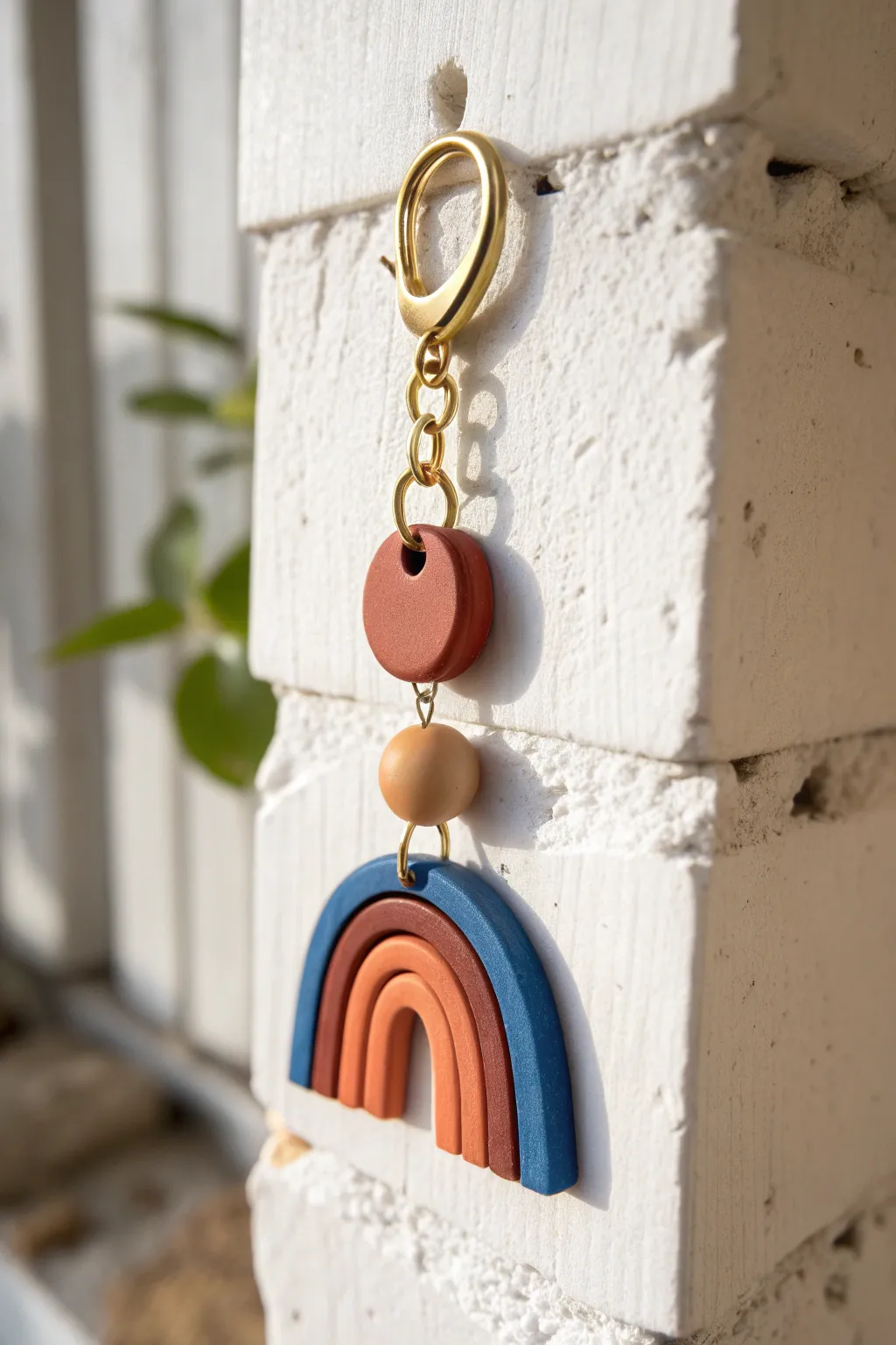 Abstract arch-and-circle polymer clay keychain in bold colors, minimalist Scandinavian vibe