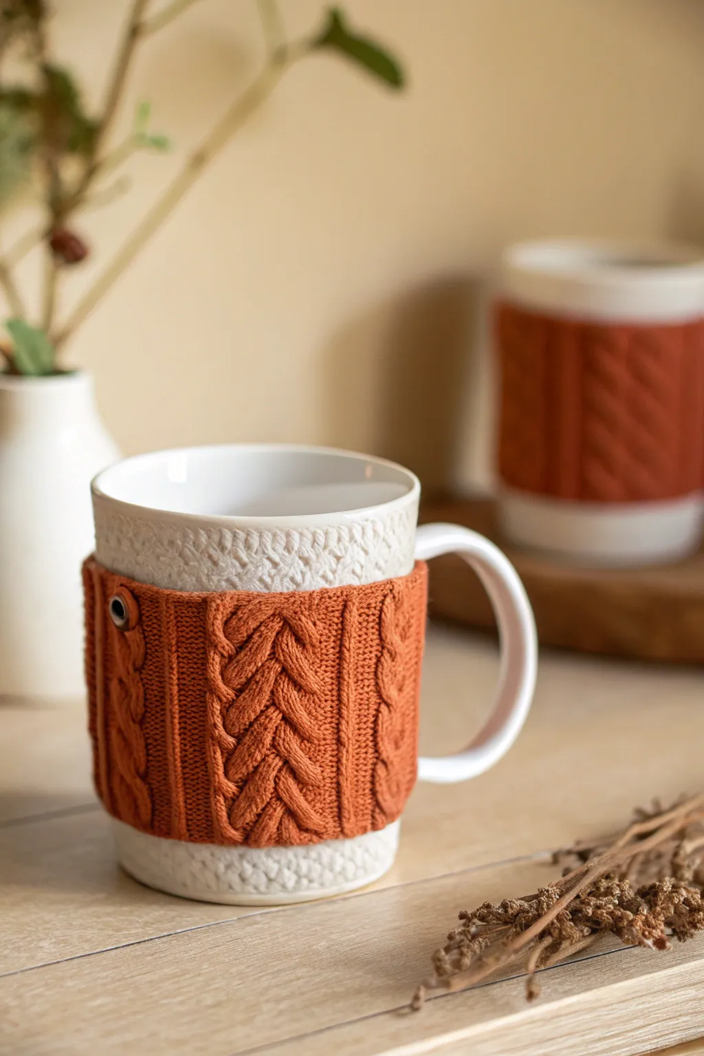 Cozy polymer clay mug with knit sweater texture panel, minimal winter styling in warm tones.