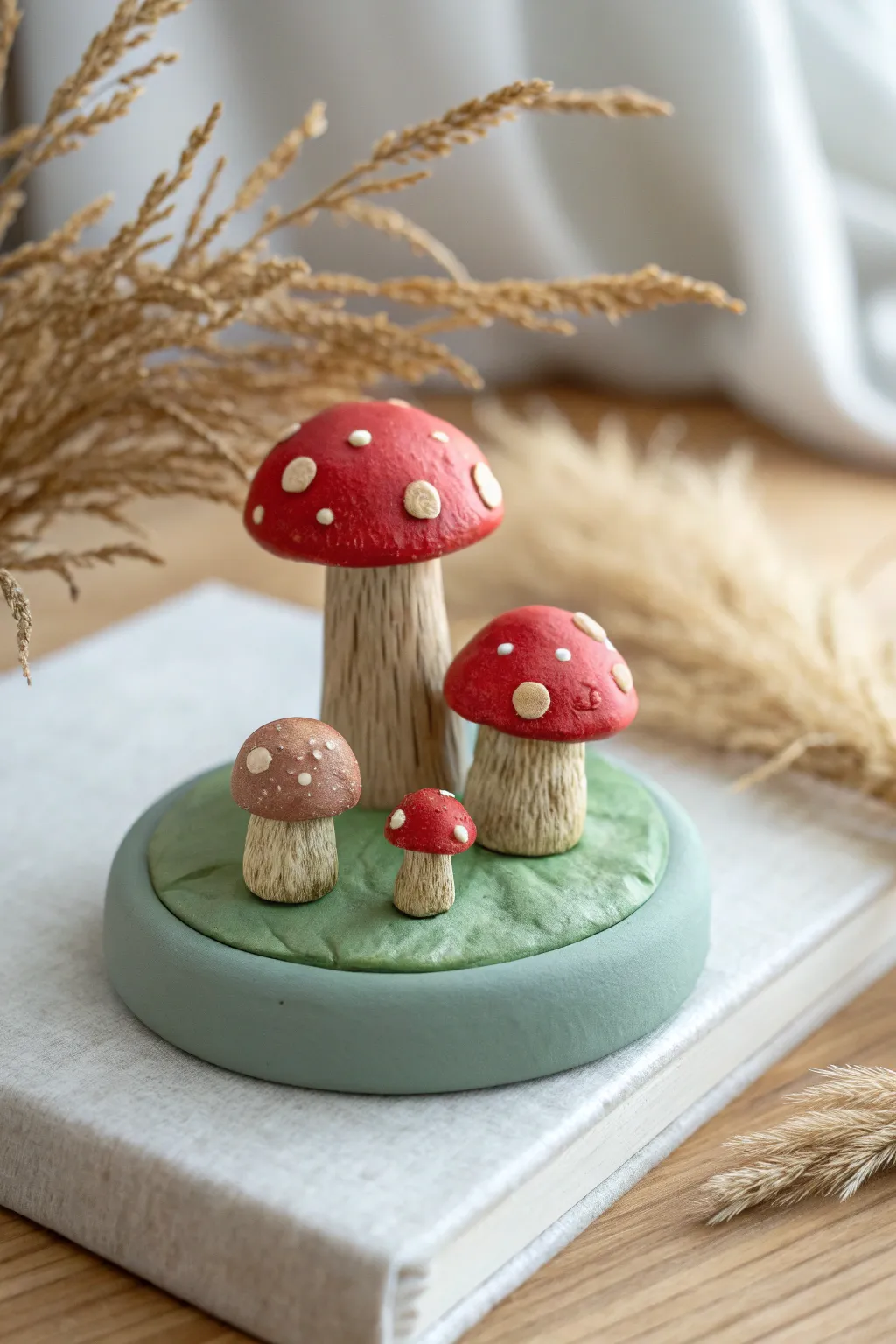 Cozy polymer clay mini mushroom family cluster in bold reds on a simple round base.