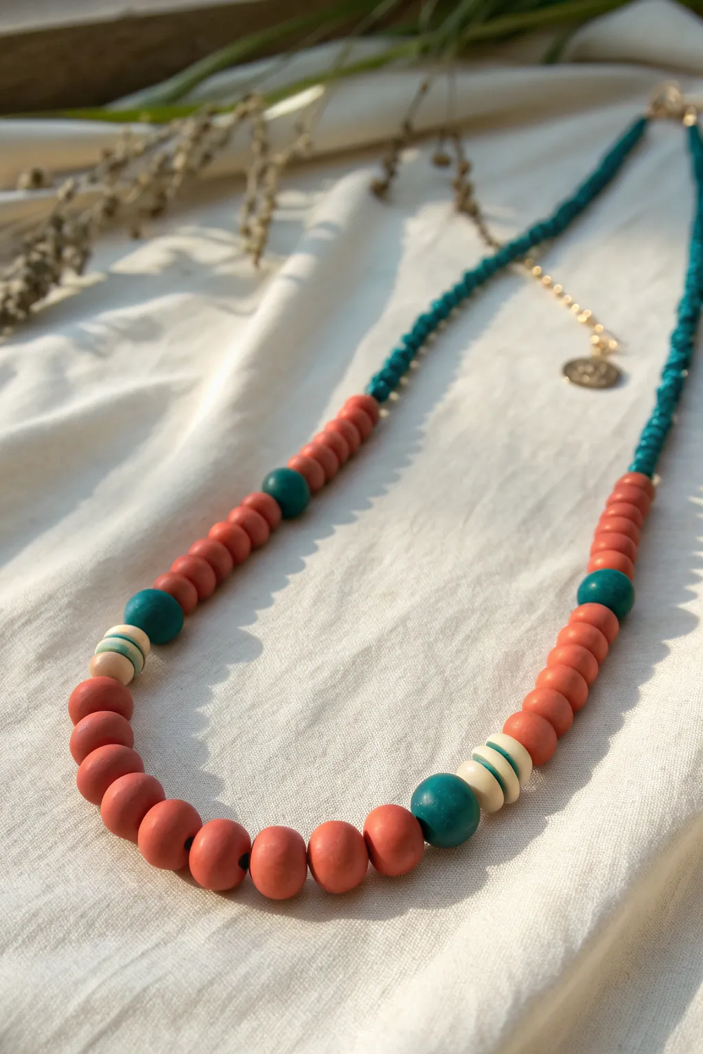 Classic lentil bead polymer clay necklace in bold coral and cream, minimal flat lay elegance