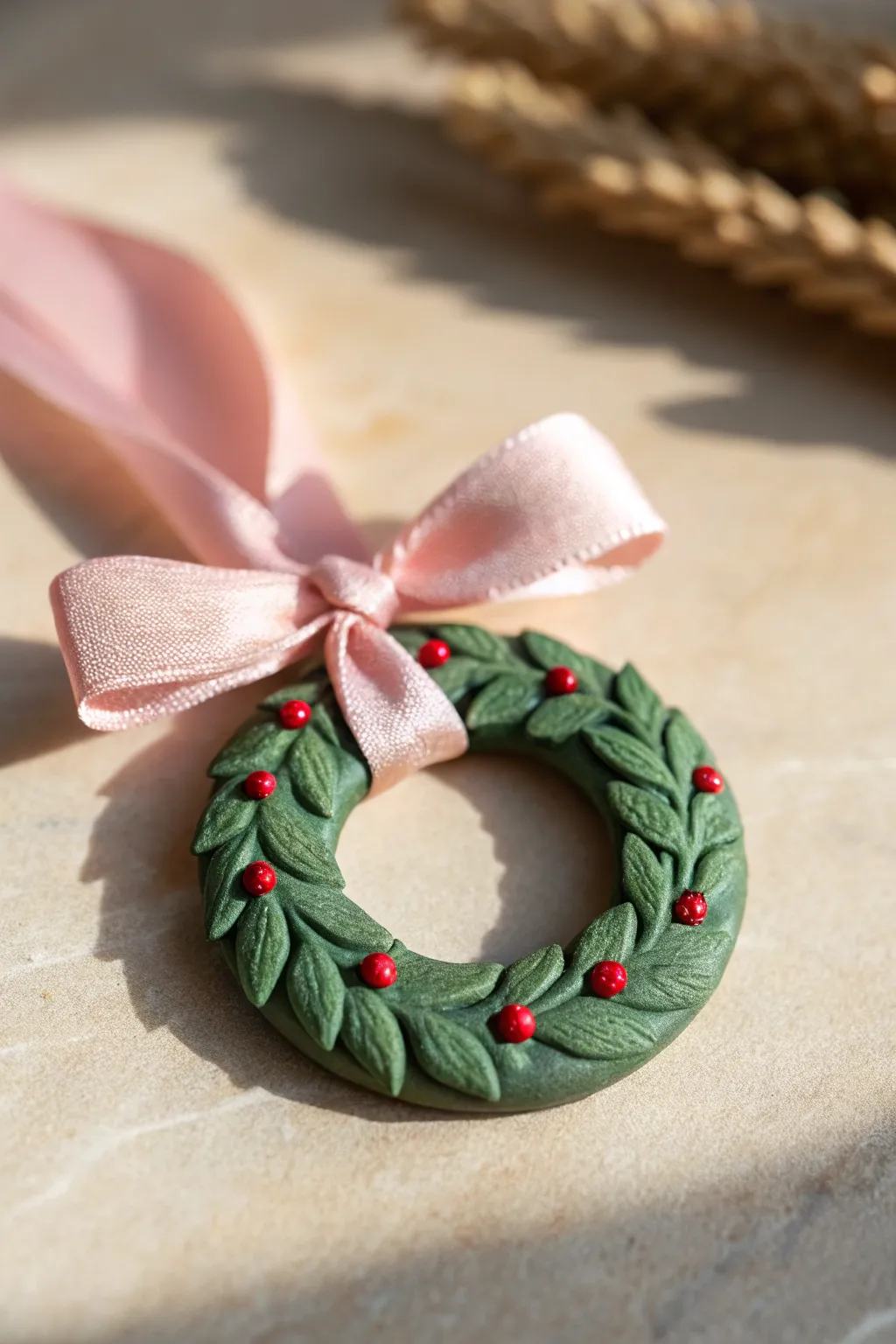 Mini polymer clay wreath ring ornament with leafy texture and berry accents, simple and festive.