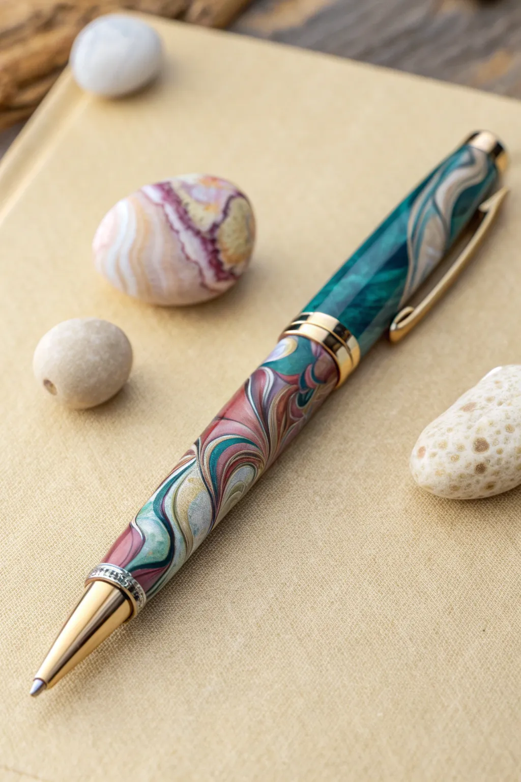 Agate-swirled polymer clay pen in bold jewel tones, minimalist styling with natural stones.