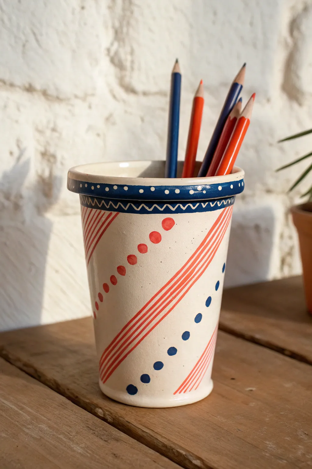 Glossy pop art takeout cup pencil holder with bold stripes, minimalist Scandinavian styling and high contrast.