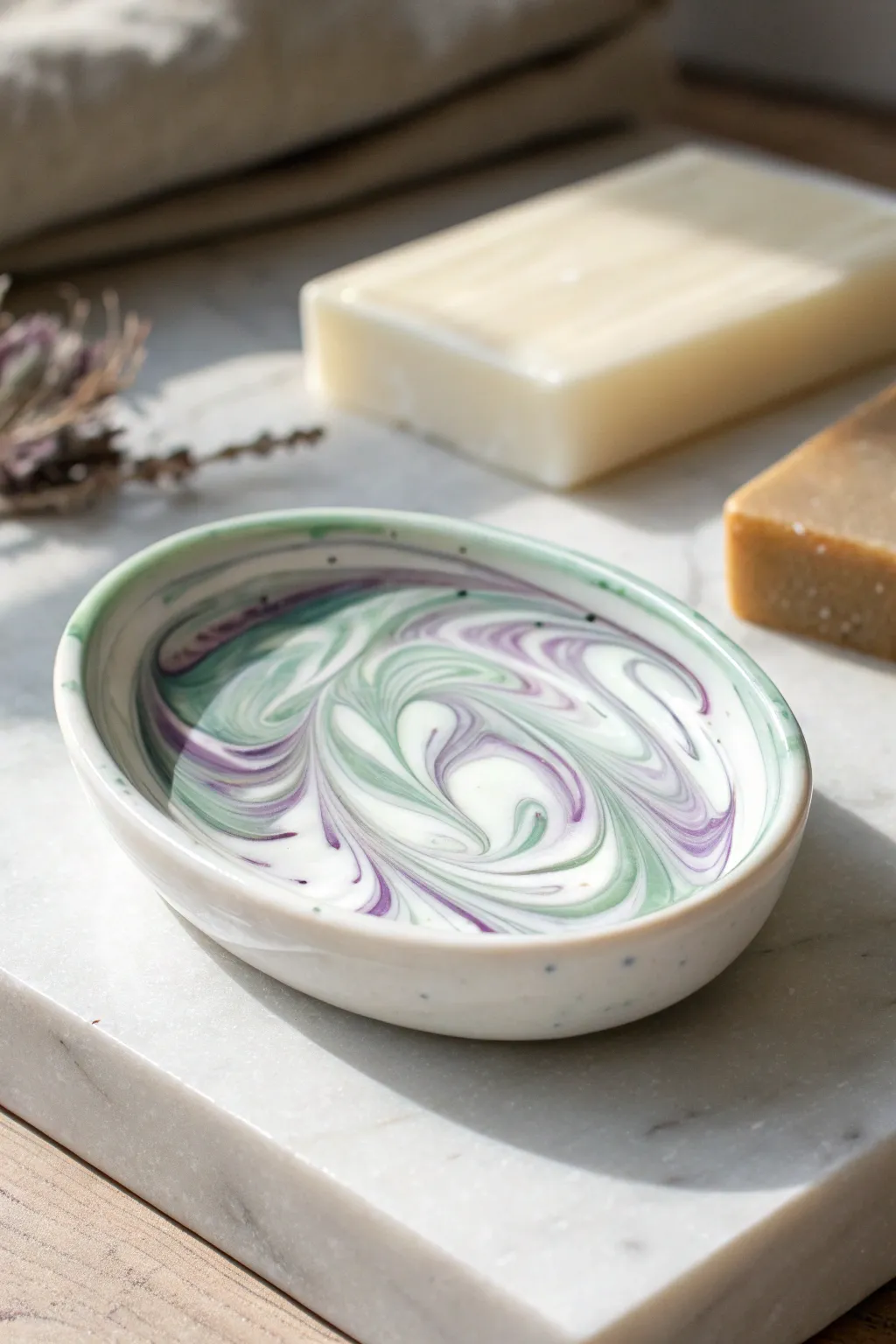Marble-swirled porcelain soap dish in sage and lavender, a simple luxe DIY accent.