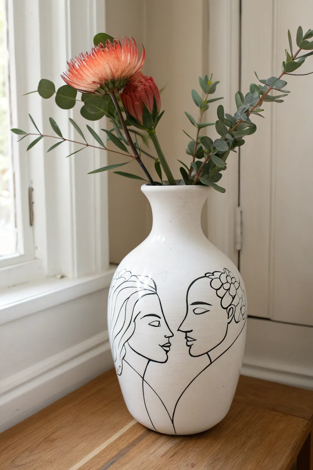 Minimal line-art portrait vase: a romantic porcelain gift with Scandinavian calm and boho warmth