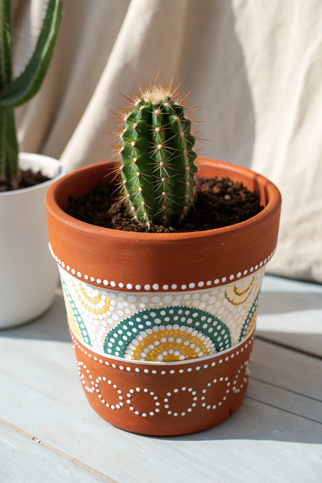 Boho dot mandala bands in bold colors turn a simple pot into a modern minimalist statement.