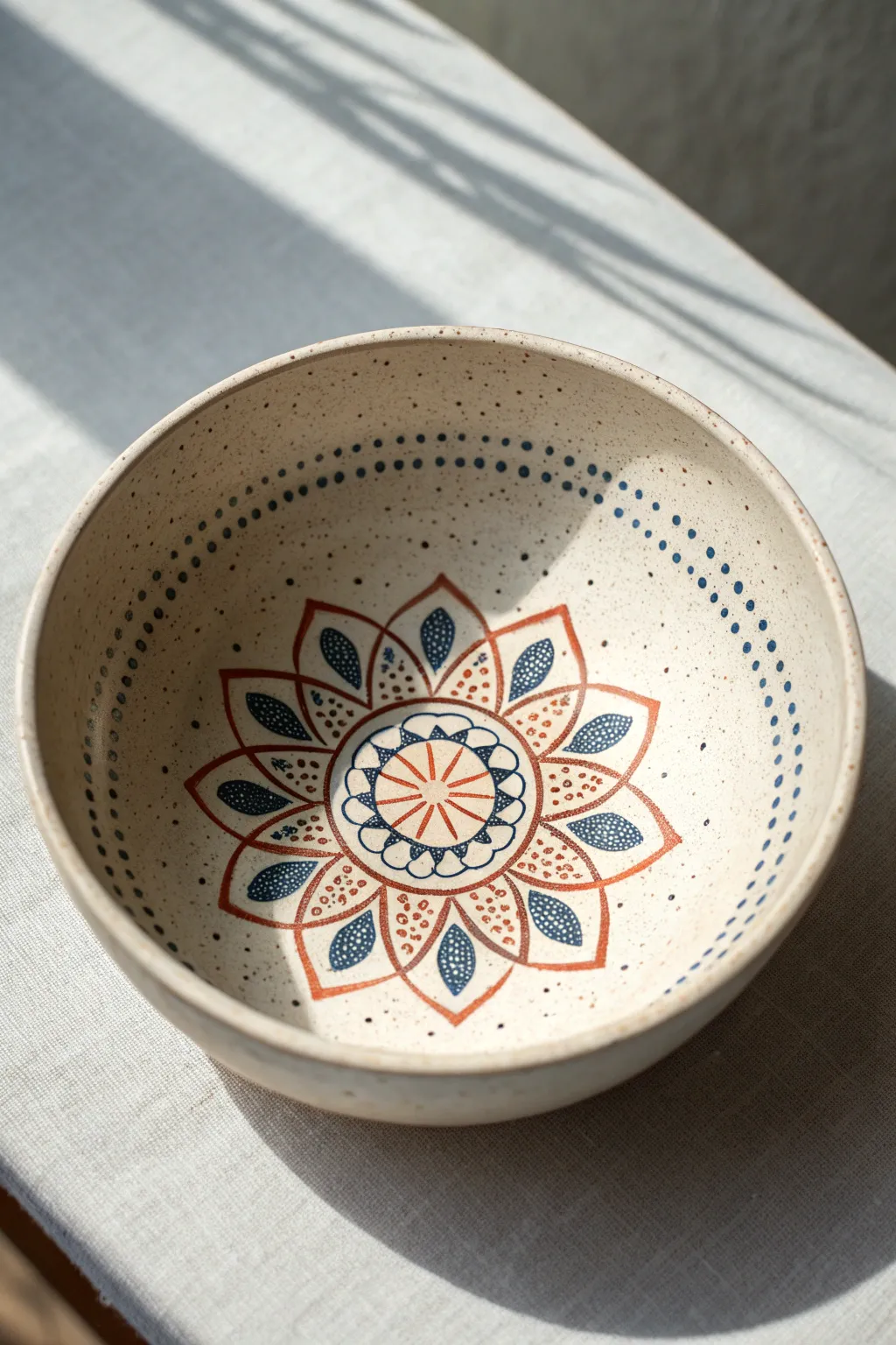 Simple mandala bowl design with bold indigo and terracotta for a modern boho look