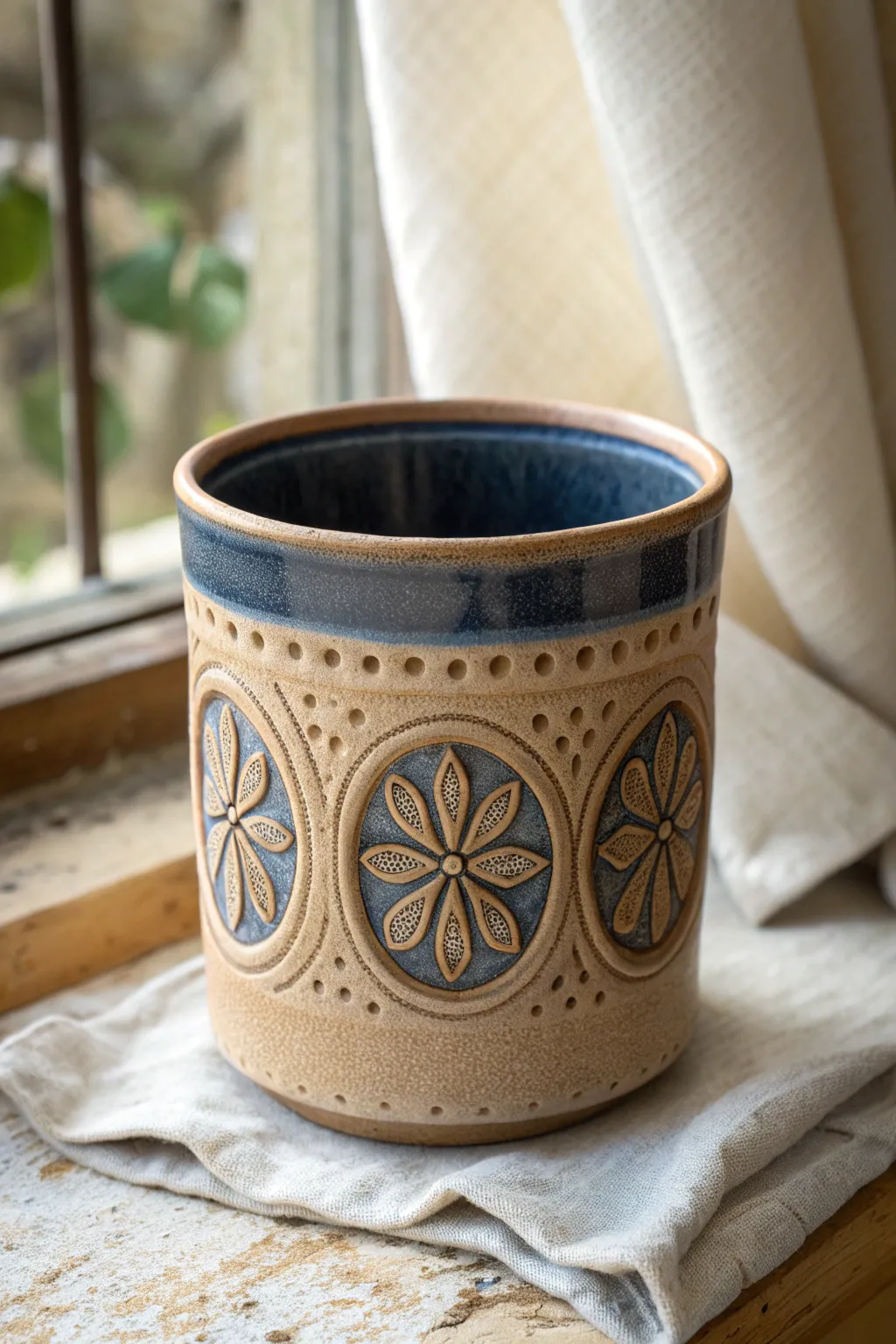 Minimalist cup with carved medallion panels and smooth borders, bold glaze contrast