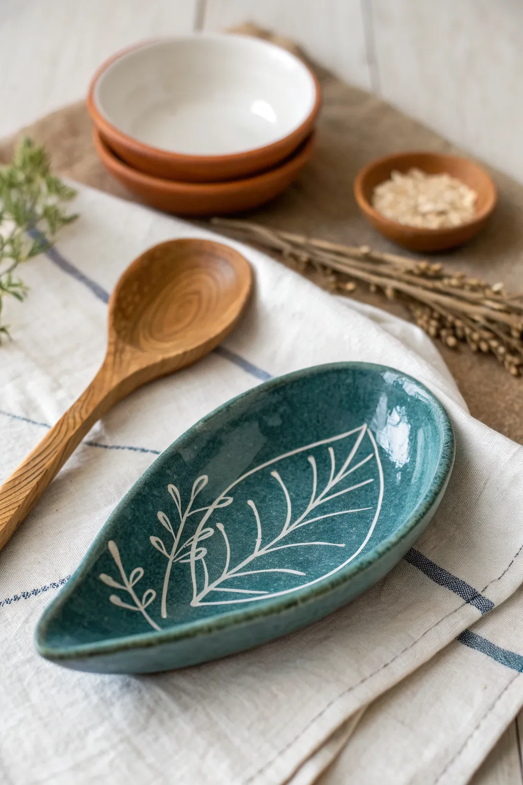 Botanical spoon rests in bold glazes, minimalist styling, perfect pottery clay art inspiration.