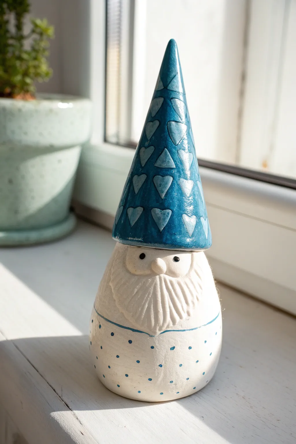 Stamped-hat pottery gnome with bold glaze pooling, minimalist backdrop, cozy boho charm.