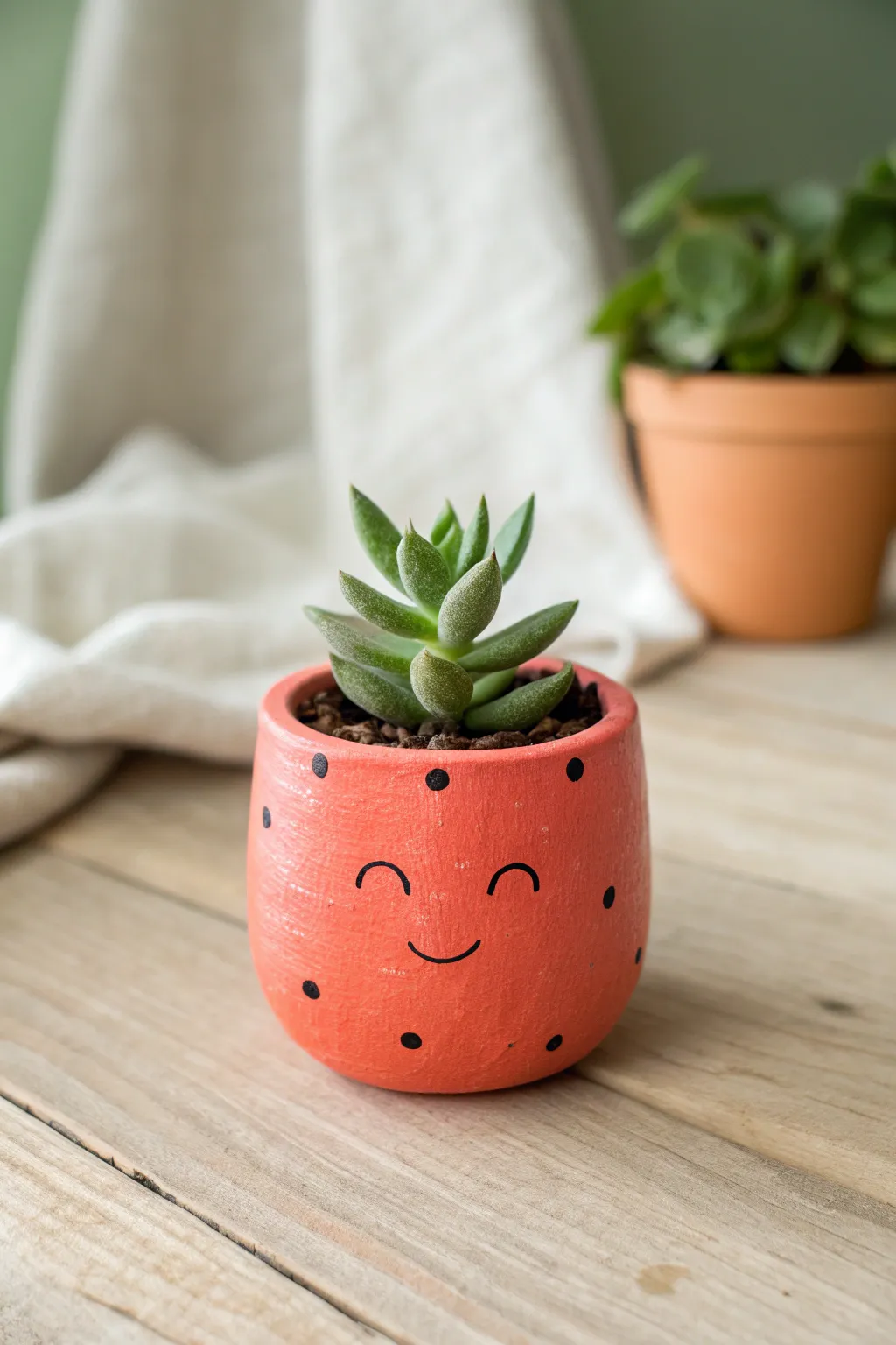 Mini pinch pot planter in bold coral, kid-friendly charm, styled Scandinavian minimal with boho warmth