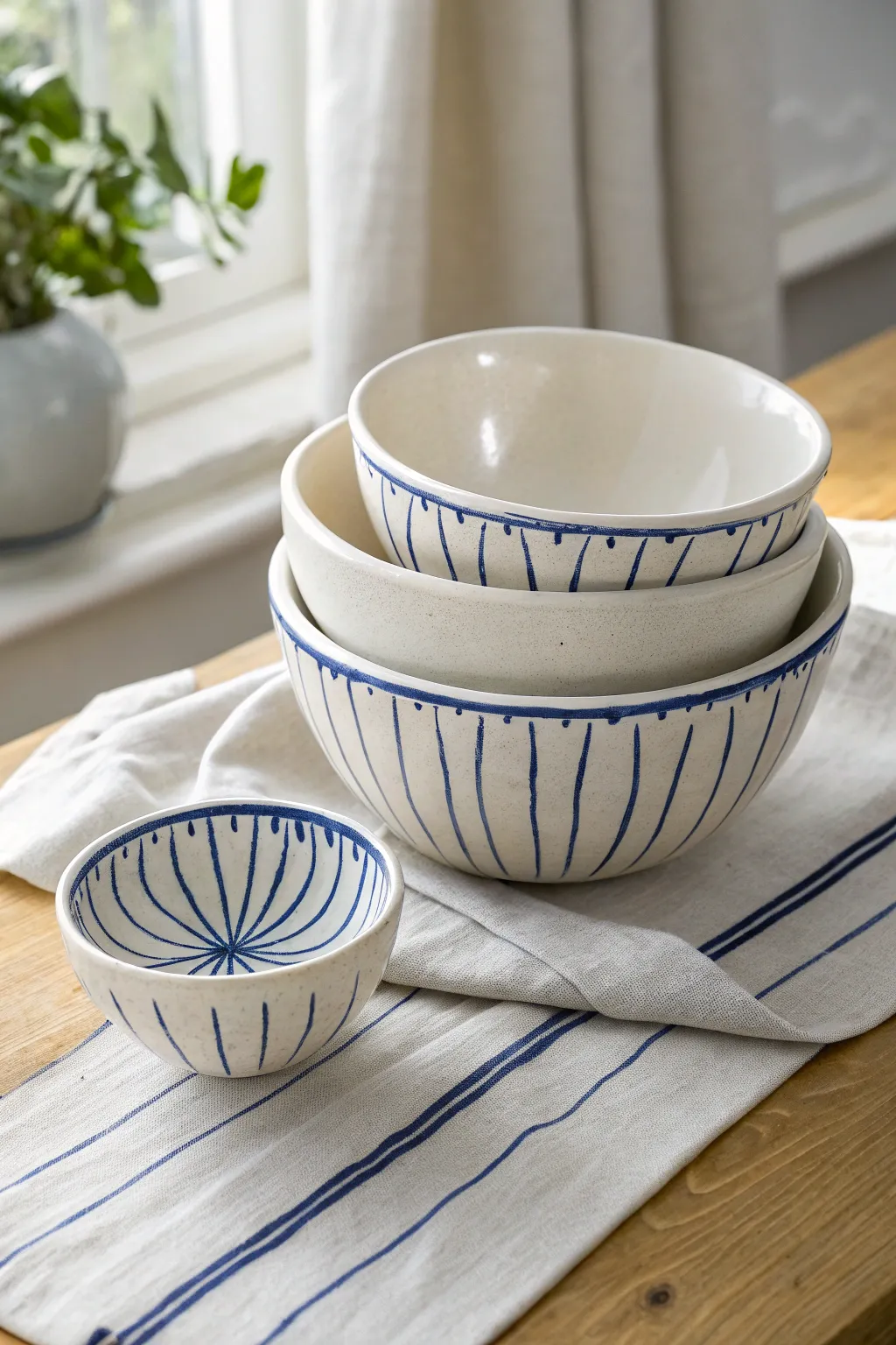 Classic blue and white bowls nested as a set, minimalist lines with a soft boho touch.