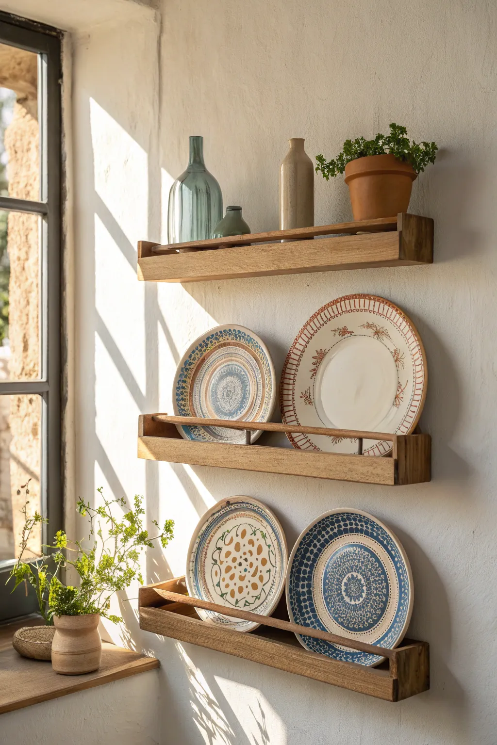 Shallow plate rails turn patterned plates into art, with bud vases for a soft boho touch.