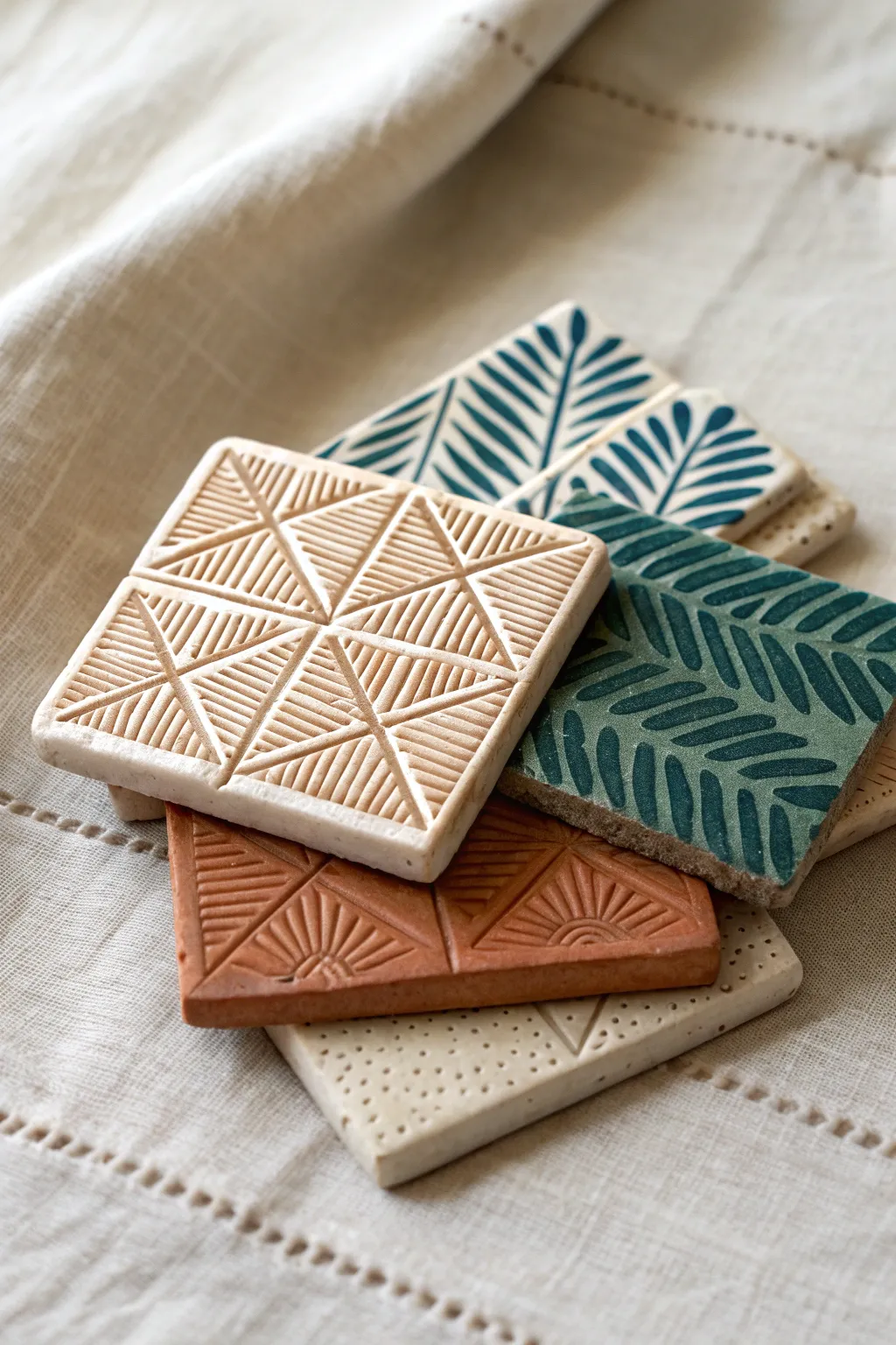 Simple clay stamp tiles for kids: fork lines, lace imprints, and leaf veins in bold color.