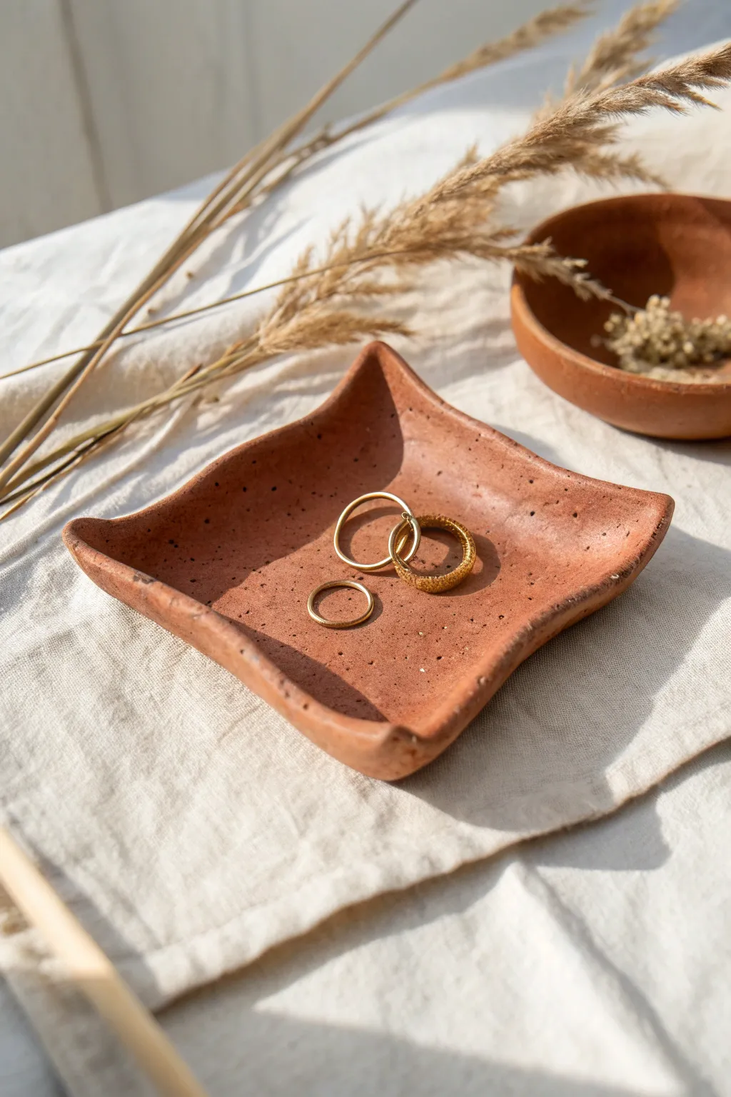 Wheel free drape mold catchall dish, softly folded slab pottery for keys and jewelry.