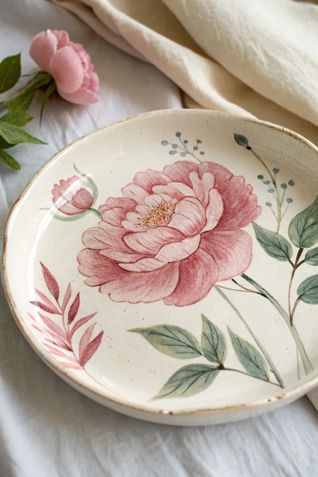 Soft layered peony petals in pink tones on a wide plate, simple yet striking for beginners.