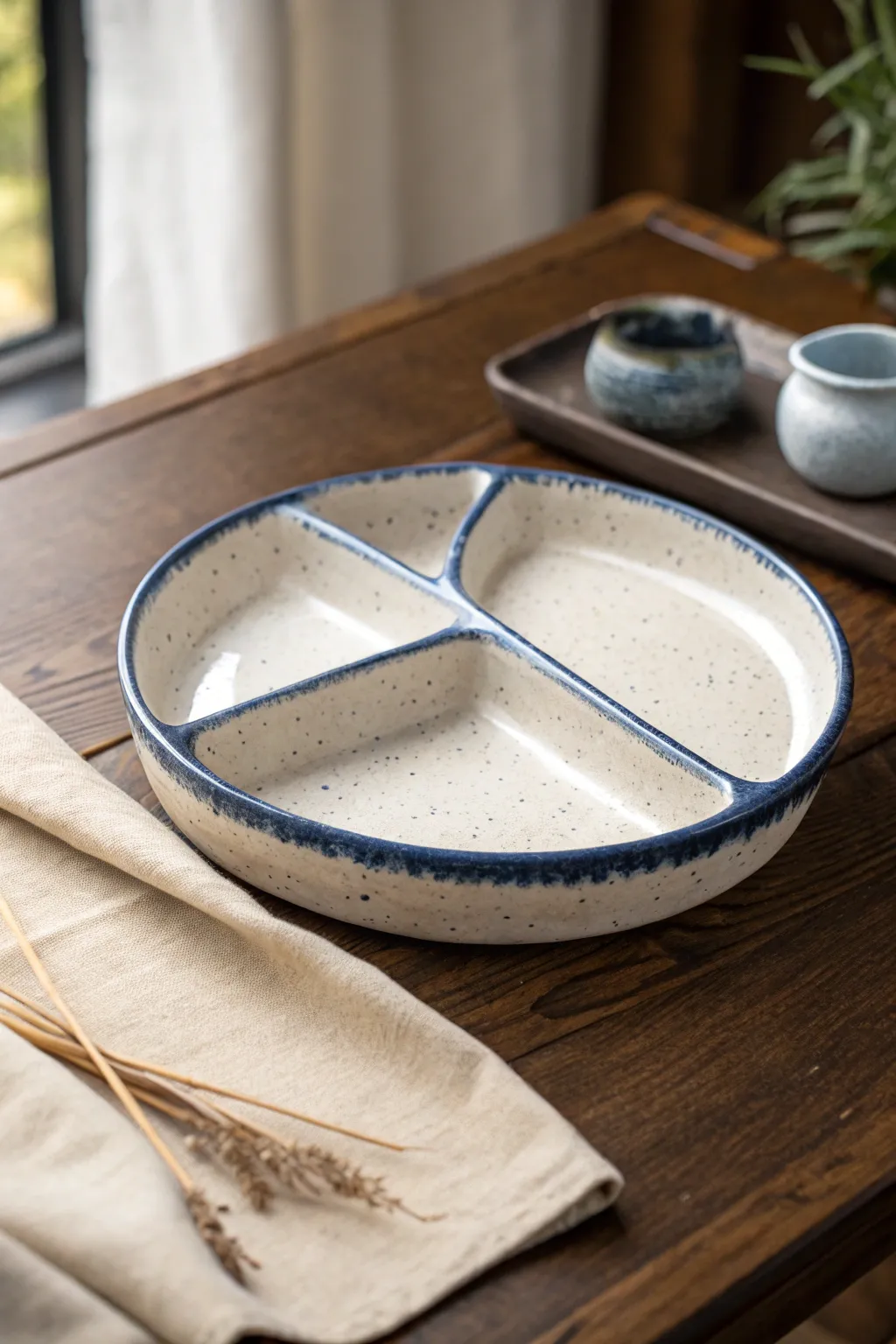 Handmade sectioned platter with built in dividers, a chic minimalist way to serve snacks.