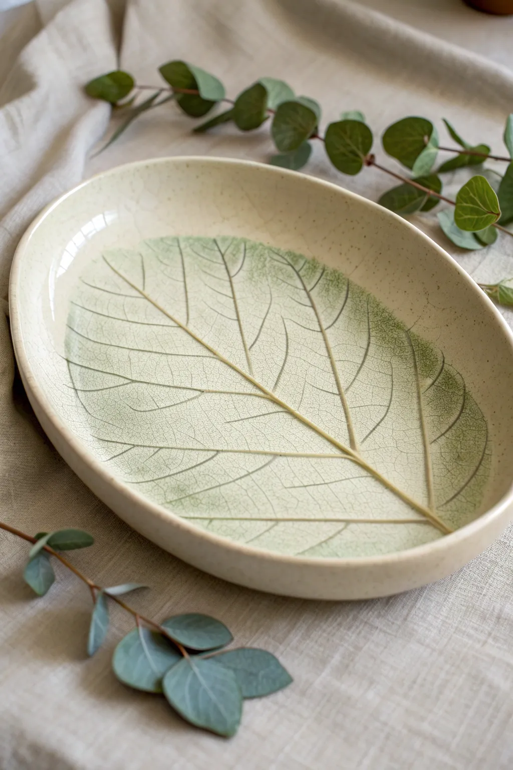 Leaf-imprint serving platter with crisp veins, clean rim, and a calm Scandinavian-boho feel.