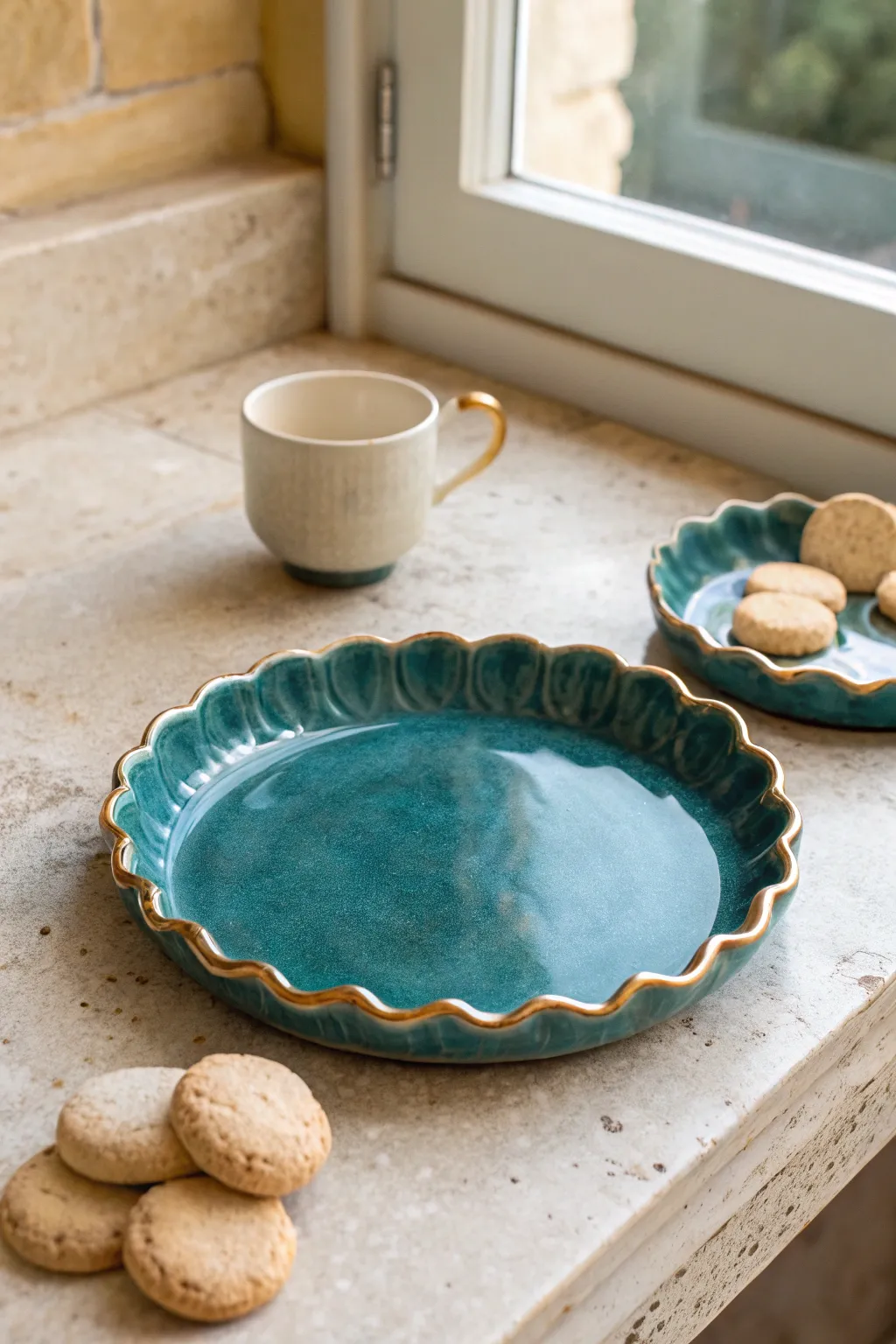Scalloped ceramic dessert tray in bold glaze, styled with cookies and tea for cozy minimal charm.