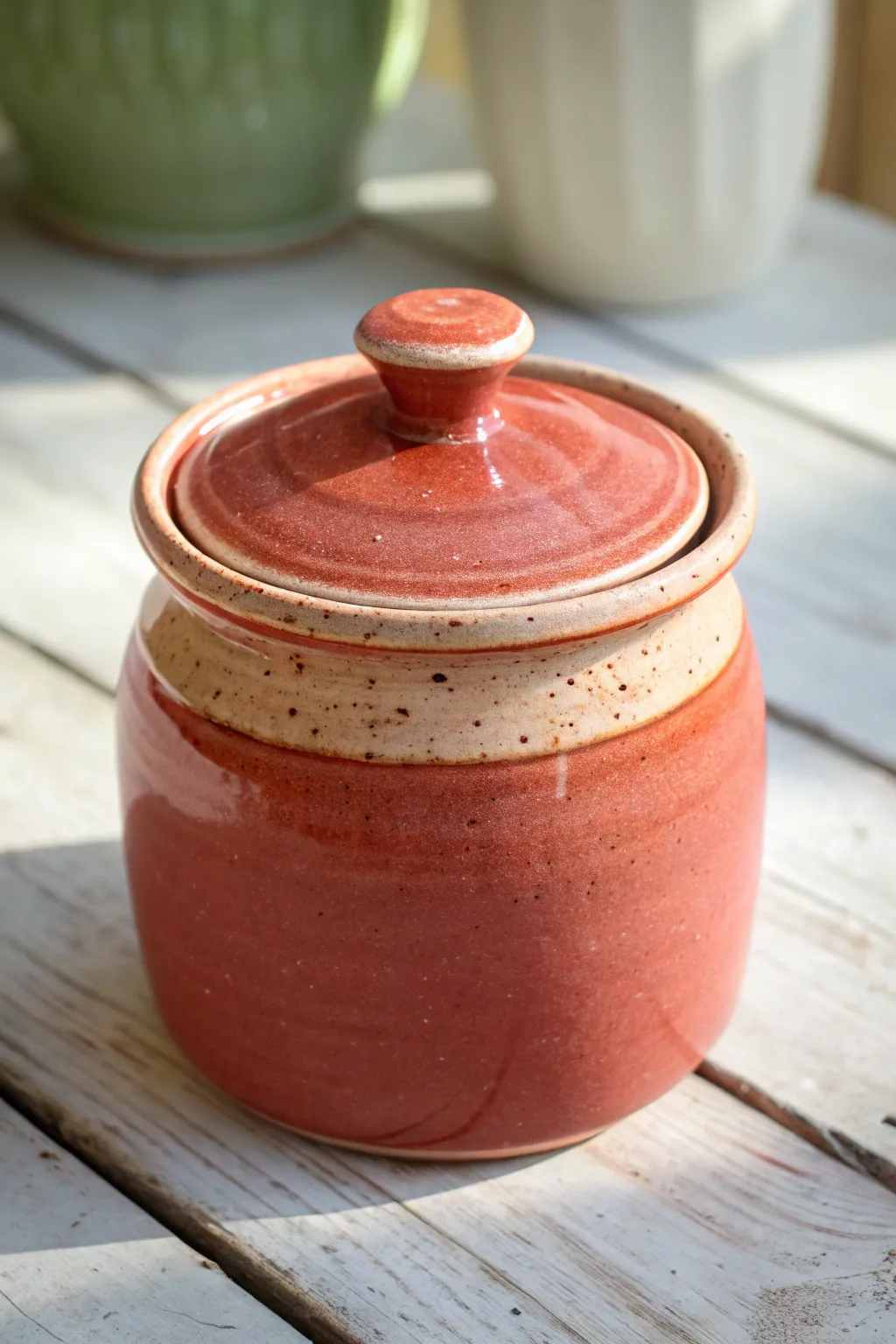 A simple lidded jar with a perfectly fitting lid, styled in bold minimal color and warm light.