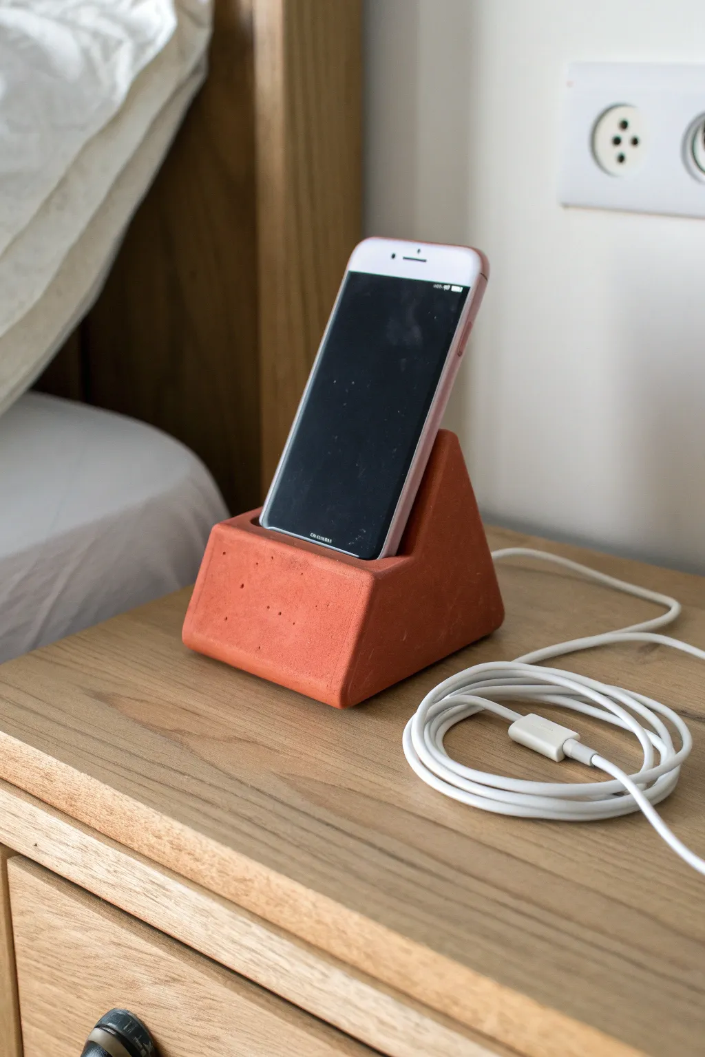 Chunky air dry clay phone stand with a clean groove, bedside-ready with cable for charging.