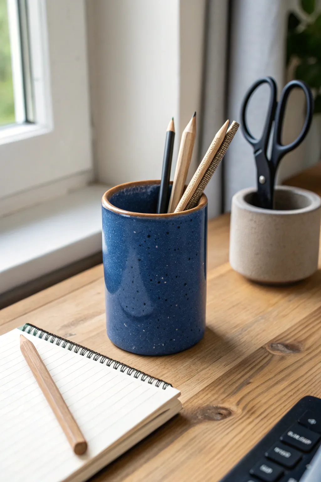 Classic clay pen cup in bold cobalt—minimal desk styling that feels calm, crafted, and useful.
