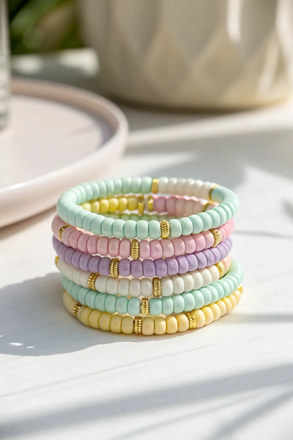Pastel prep sorbet stack: mint, lavender, blush, and butter yellow heishi beads in a clean stack