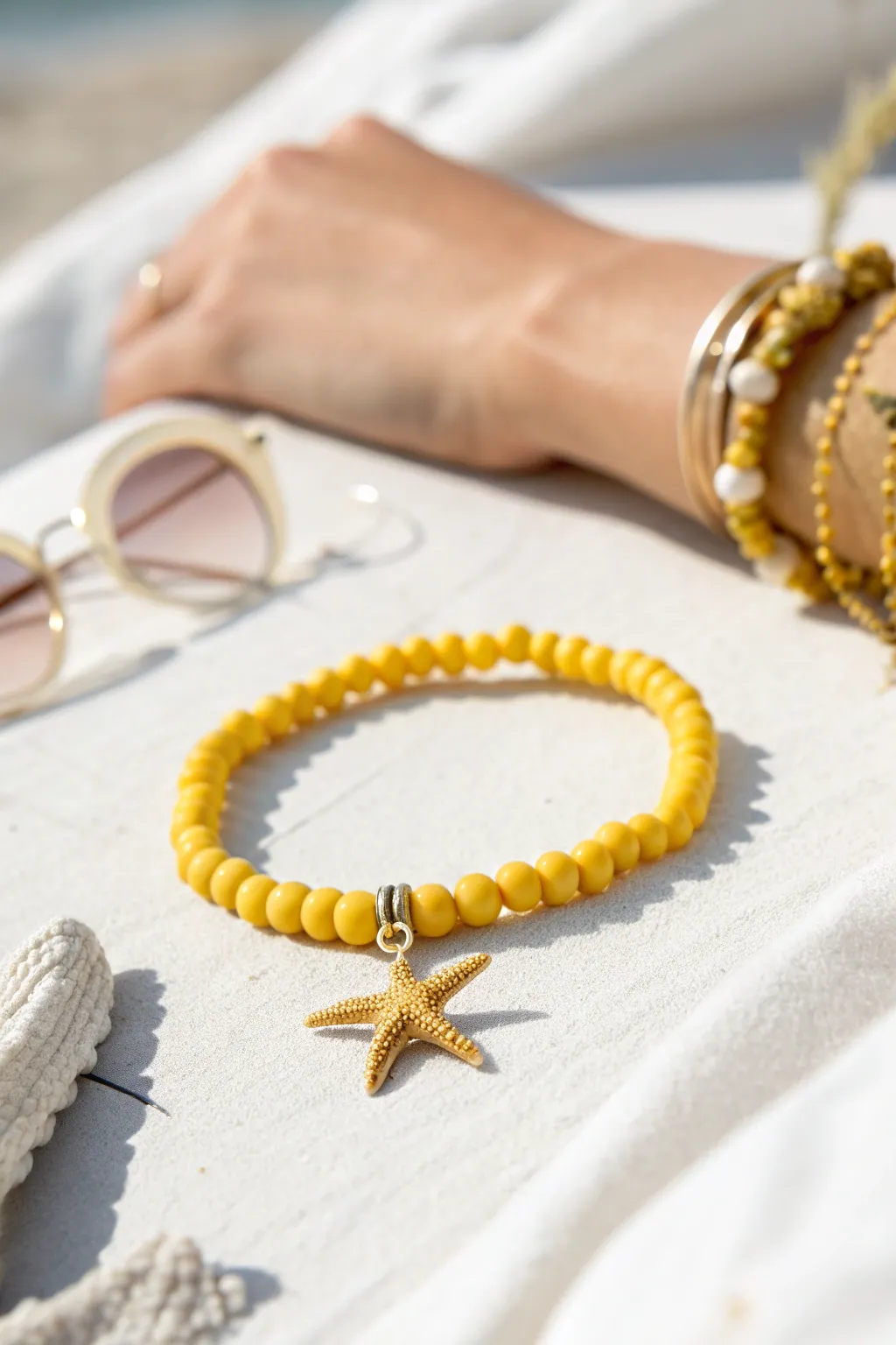 Starfish charm meets sunny yellow beads for a preppy beach stack that feels handmade and bright