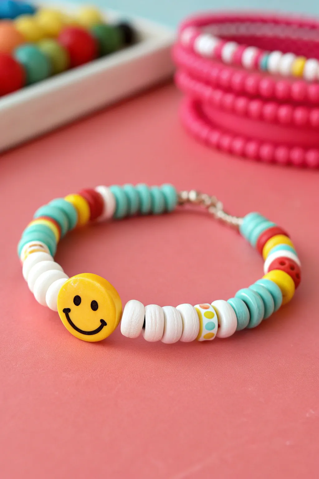 Bold preppy clay bead bracelet with a smiley charm pop, minimalist stack vibes for Pinterest