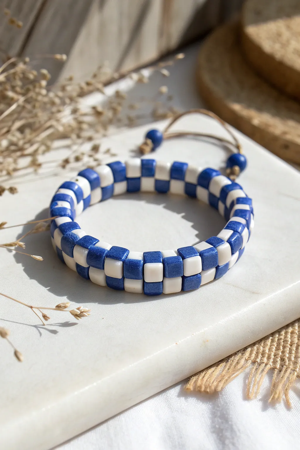 Blue checkerboard clay bead bracelet in a clean flat lay, preppy and minimal with bold contrast