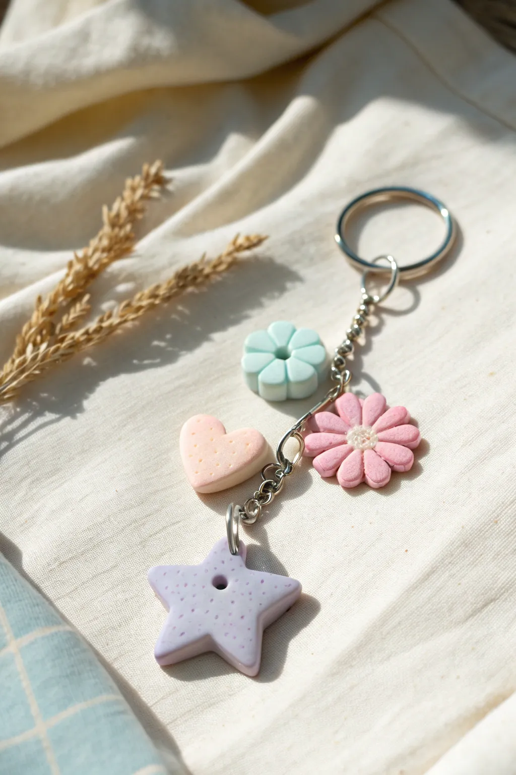 Pastel preppy clay keychain tags with hearts, stars, and daisies in clean minimalist style