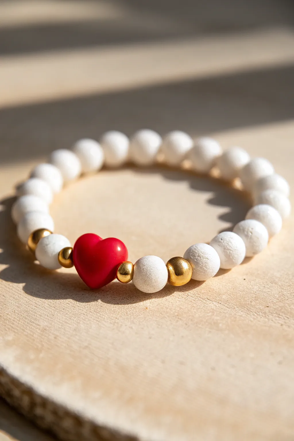 All-white clay bead bracelet with one bold heart pop bead and gold spacers for preppy charm.