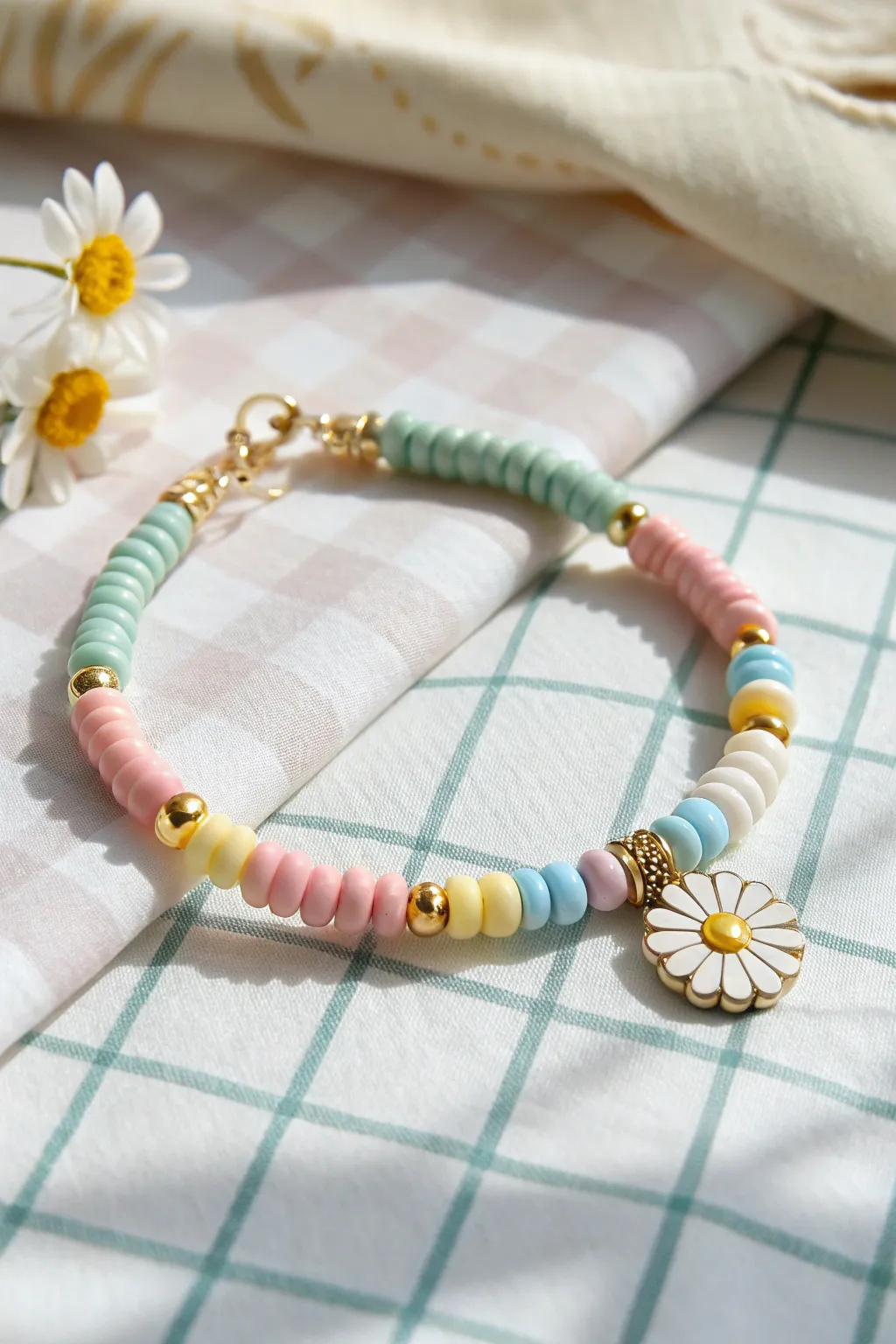 Preppy picnic vibes: pastel heishi and daisy spacers for a bright, easy summer bracelet