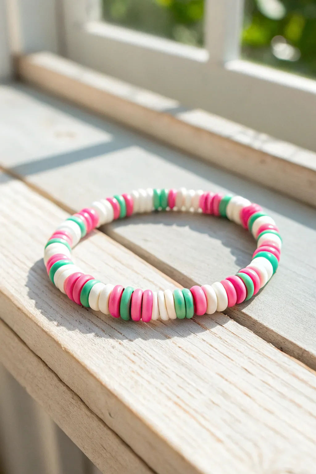 Candy stripe clay heishi bracelet in pink, white and mint, minimalist boho on pale wood.