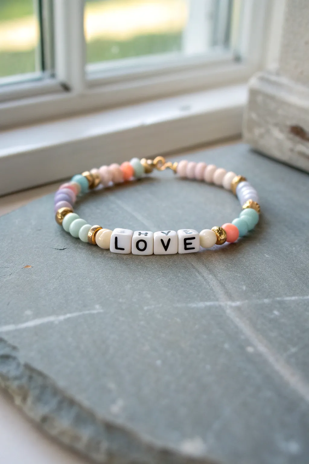 Pastel heishi bracelet with a centered LOVE word and gold spacers for a sweet focal point.