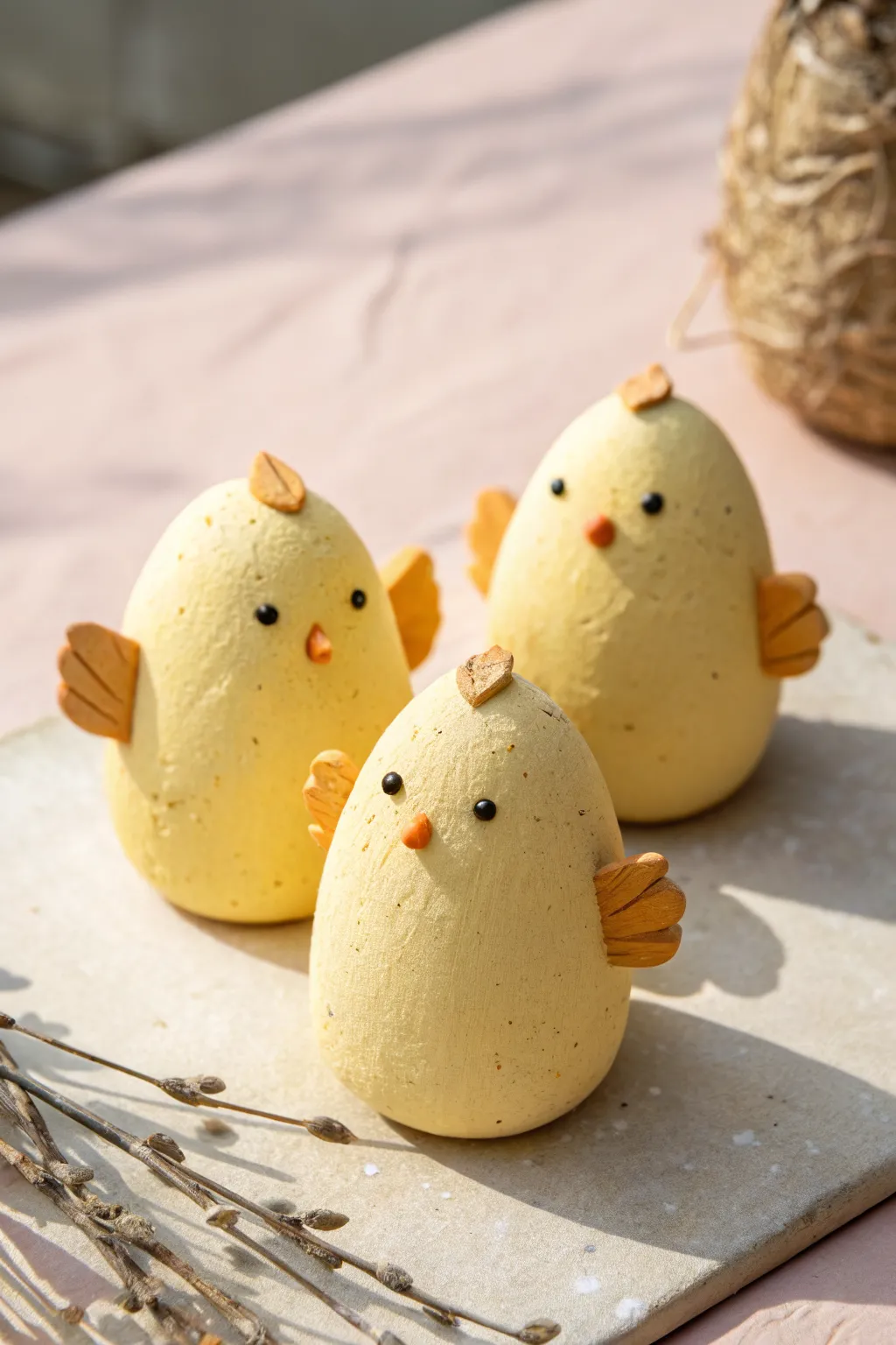 Round little puffy clay chick friends in buttery yellow, minimal and cute on a soft pastel backdrop