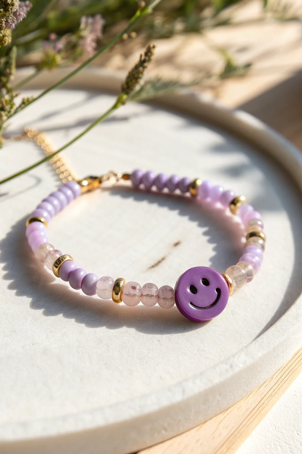Playful purple smiley bead bracelet with soft lavender heishi beads for everyday wear and joy