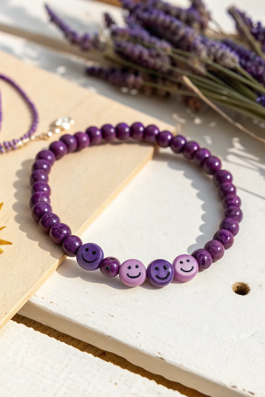 Bright purple heishi bracelet with cute smiley accents for an easy, playful boho look