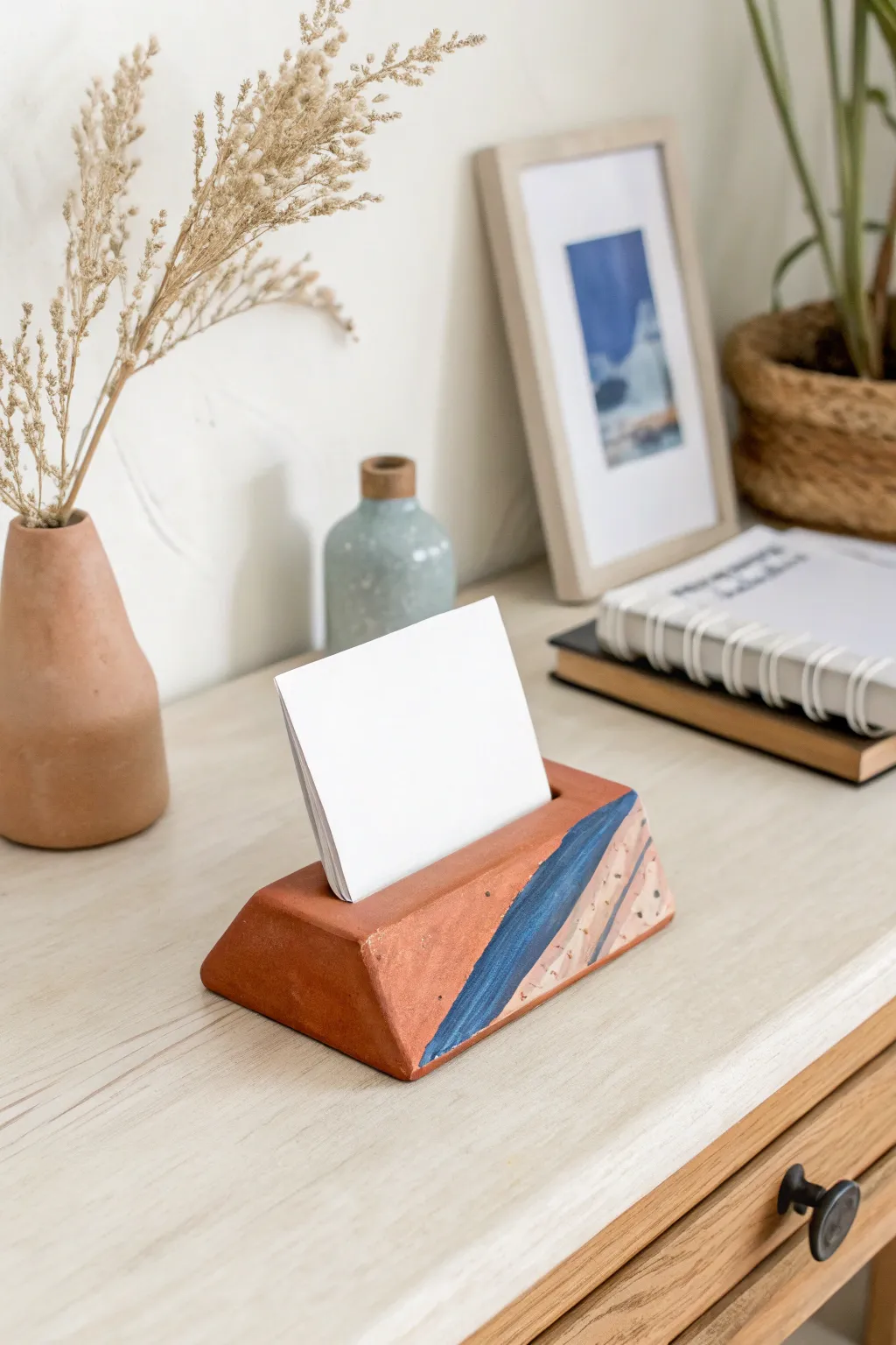 Minimal quick-dry clay photo stand for a chic desk, bold color pop, and natural handmade texture