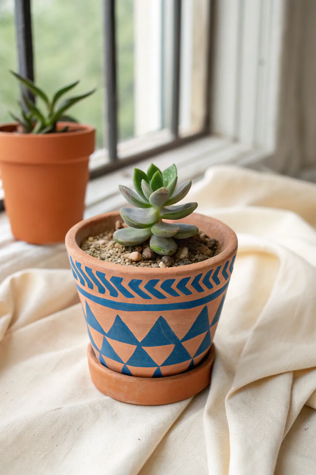Thimble-sized clay planter with bold painted pattern and a tiny sprig, minimal and boho