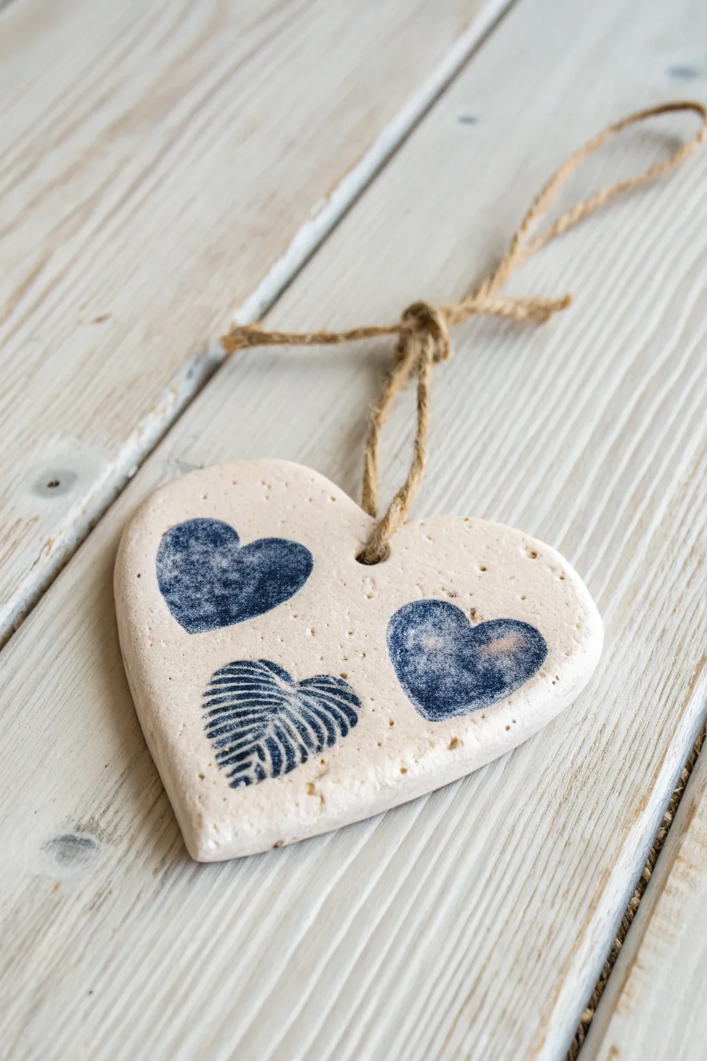 Minimal salt dough thumbprint heart in blush and indigo, a sweet handmade Fathers Day keepsake.