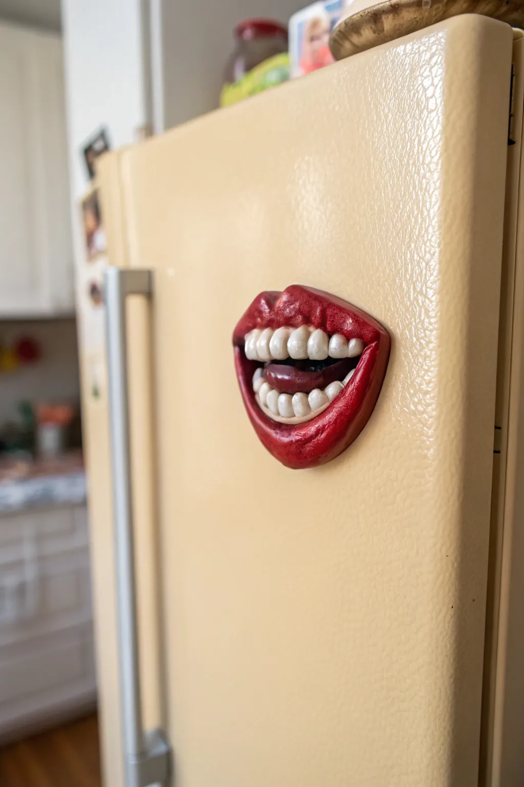 Spooky-cute toothy grin clay magnet in bold glaze, perfect for a playful haunted fridge.